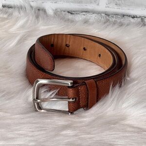 Men's tan lt. Brown Leather Belt‎ size 36 rectangular buckle brushed nickel